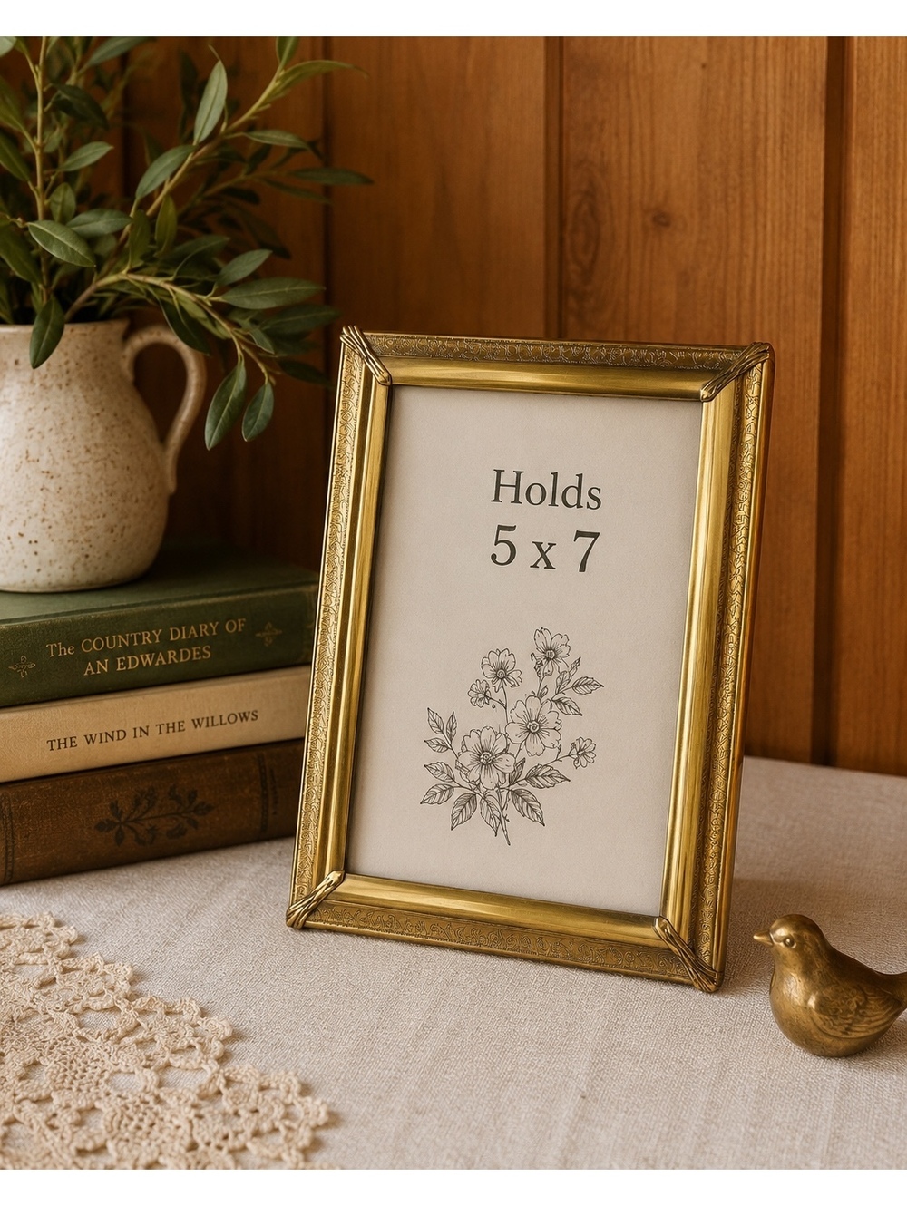 Vintage Burnes 5x7 Brass Picture Frame Etched Gold Tone Floral Easel Frame
